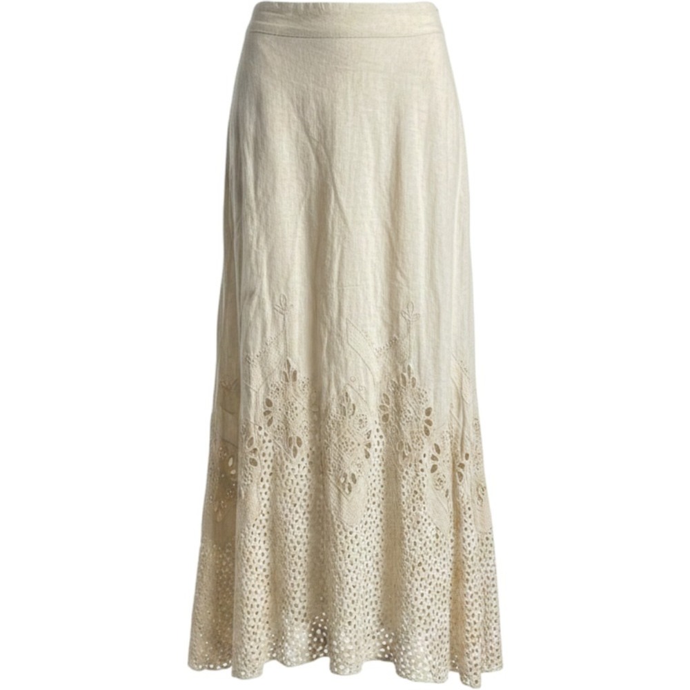 Chicos Beige Linen Eyelet Crochet Hem Maxi Skirt Size 0 US 4/6 Boho Coastal
